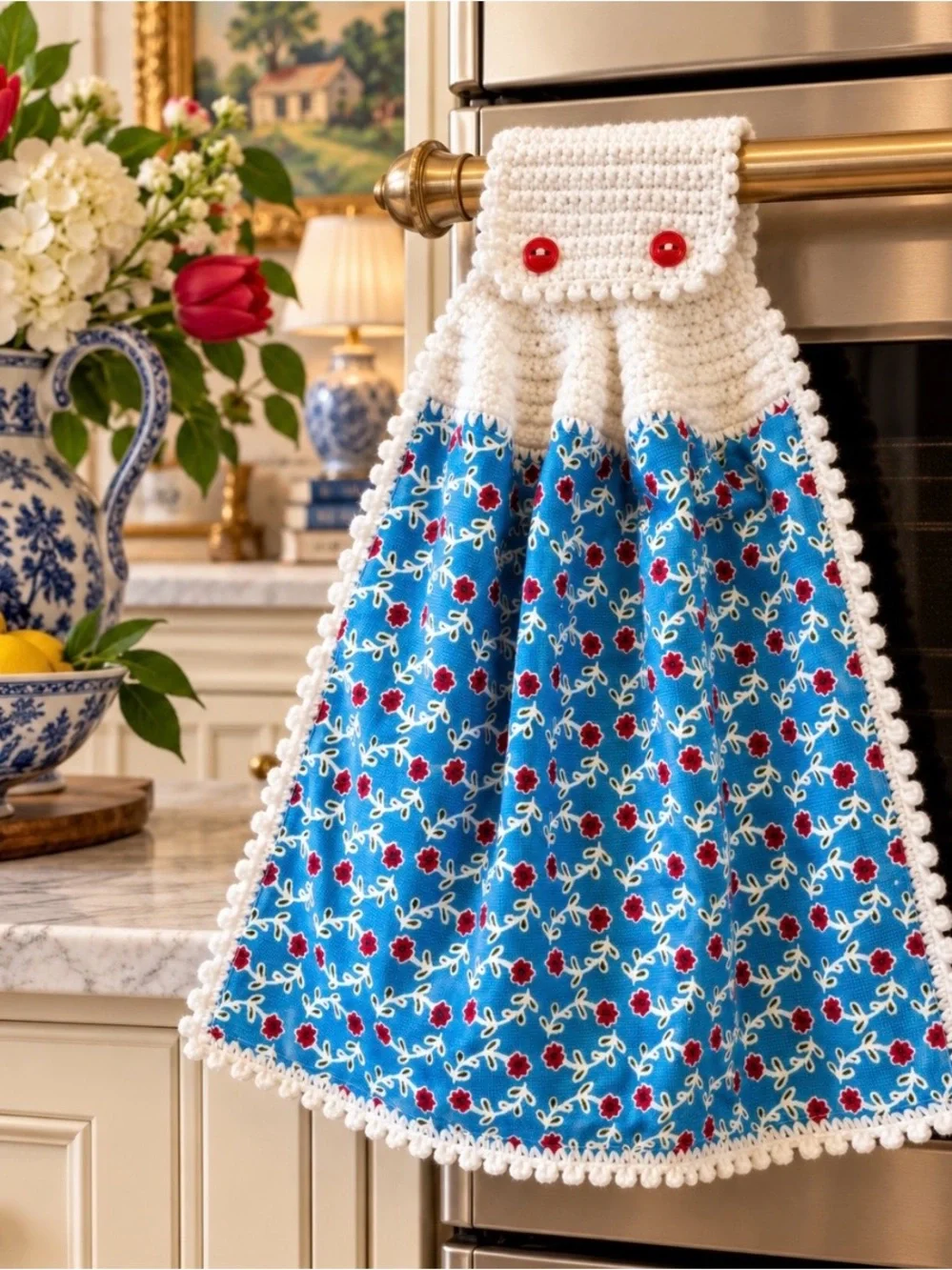 Pioneer Woman Turquoise Red Floral Crochet Hanging Kitchen Towel